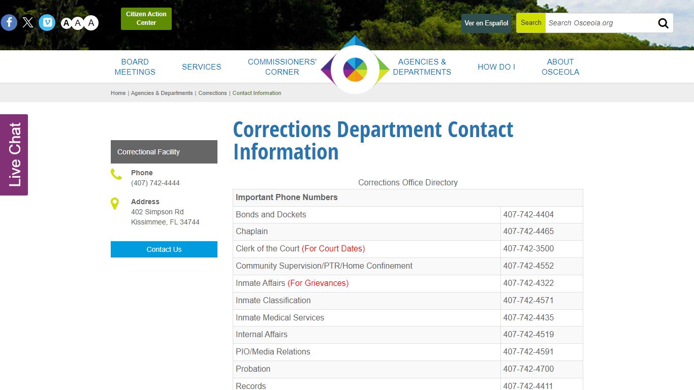 Corrections Department Contact Information - Osceola County, Florida